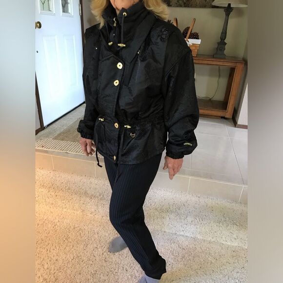 Vintage Obermeyer 2 pc Ski Jacket Pants Ski Suit Black Brocade Gold 80s 12P - Picture 13 of 16